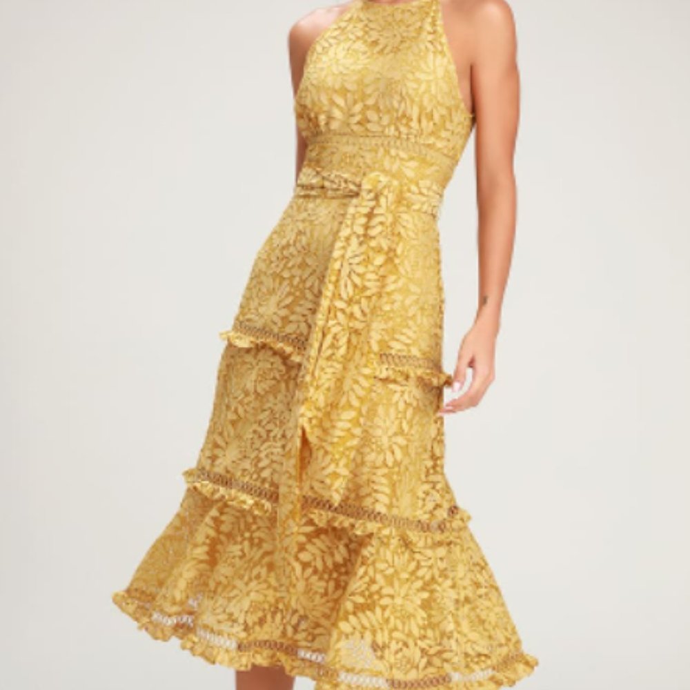 Keepsake Imagine Golden Yellow Lace Midi Dress